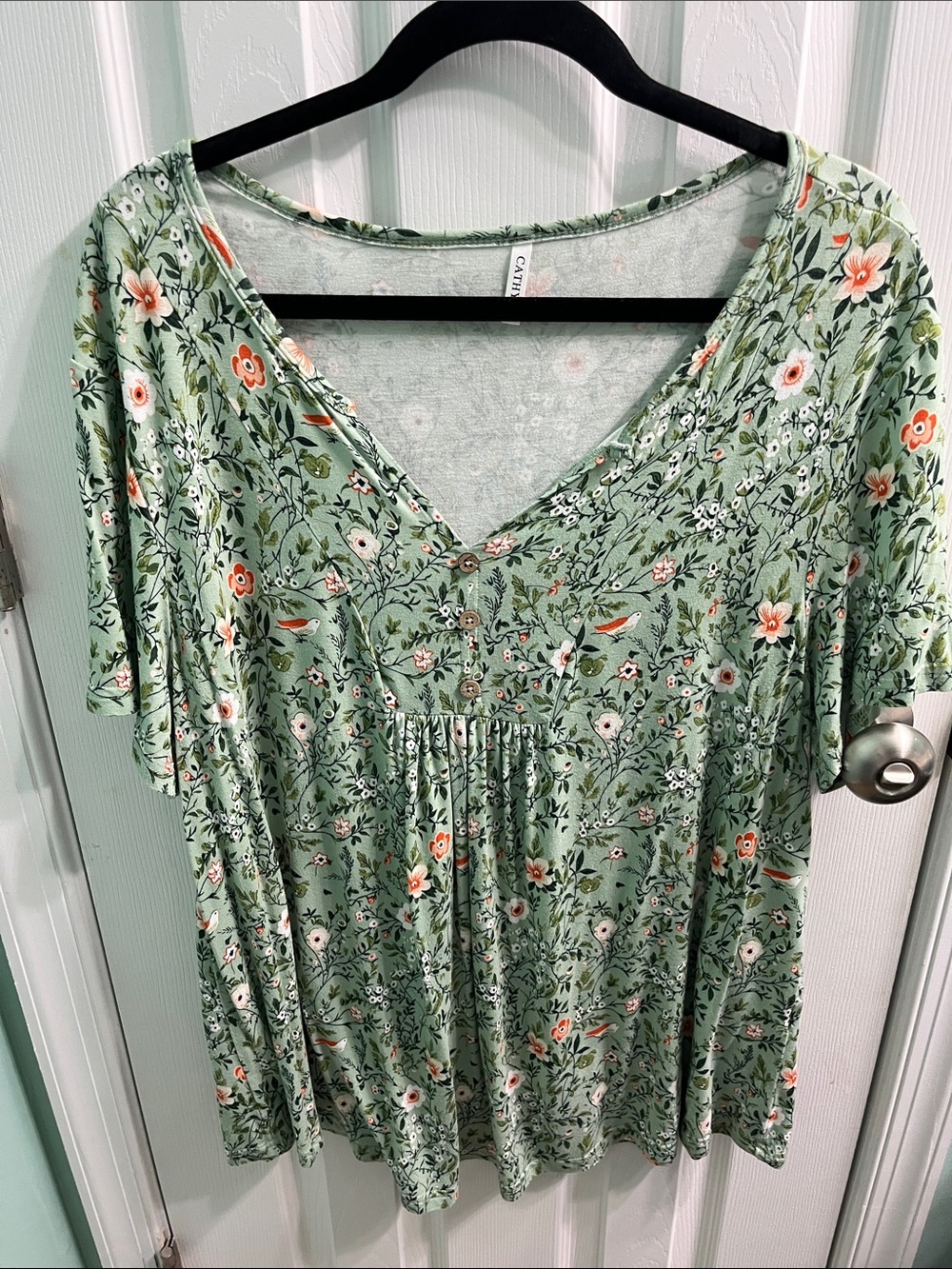 Cathy Floral V-Neck Babydoll Blouse - Sage Green